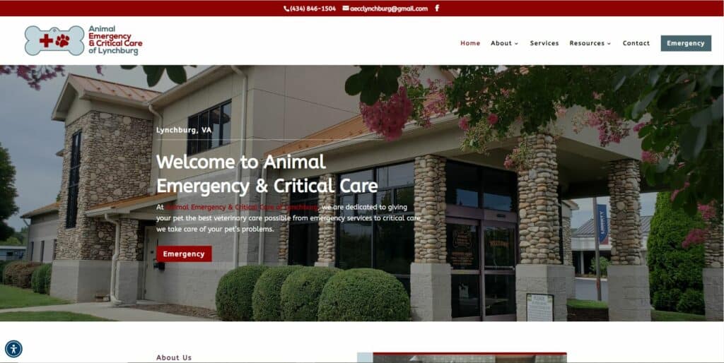 Image of the Animal Emergency & Critical Care of Lynchburg websites homepage.