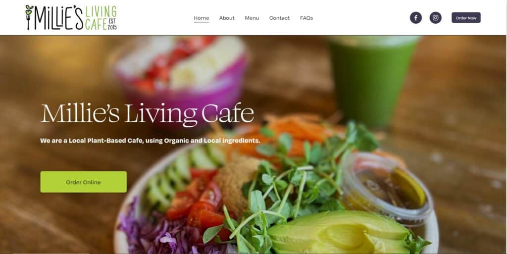 Image of the Millie's Living Café website homepage.